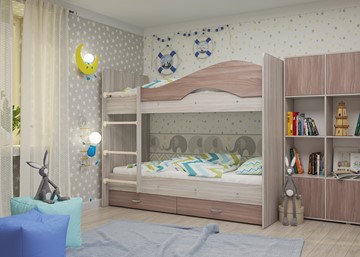 Детская двухэтажная кровать Мая с 2 ящиками на щитах, корпус Шимо светлый, фасад Шимо темный в Ставрополе