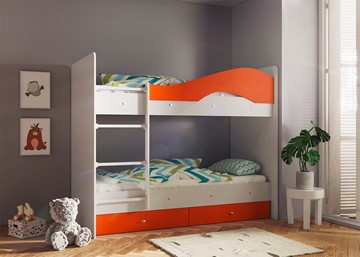 Кровать 2-ярусная Мая с 2 ящиками на щитах, корпус Млечный дуб, фасад Оранжевый в Ставрополе