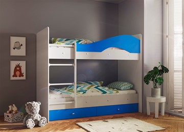 Детская 2-этажная кровать Мая с 2 ящиками на щитах, корпус Млечный дуб, фасад Синий в Ставрополе
