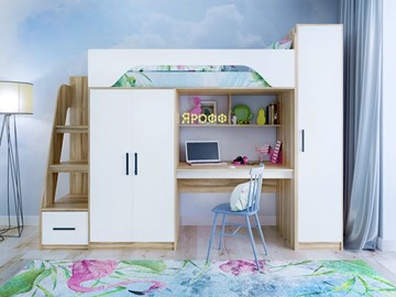 Детская кровать-чердак с шкафом Тея, каркас Ясень, фасад Белый в Ставрополе - предосмотр